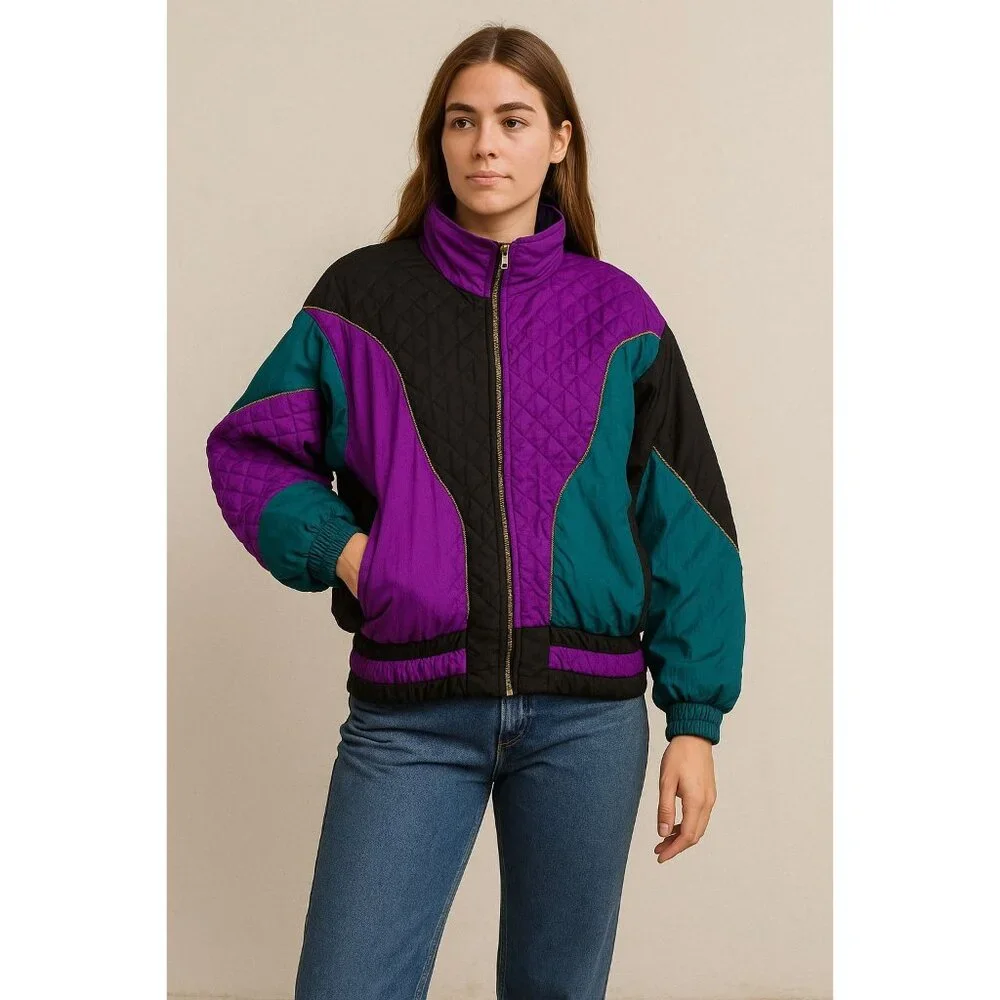 Vintage 80s Colorblock Windbreaker Jacket Purple Teal Black Medium‎